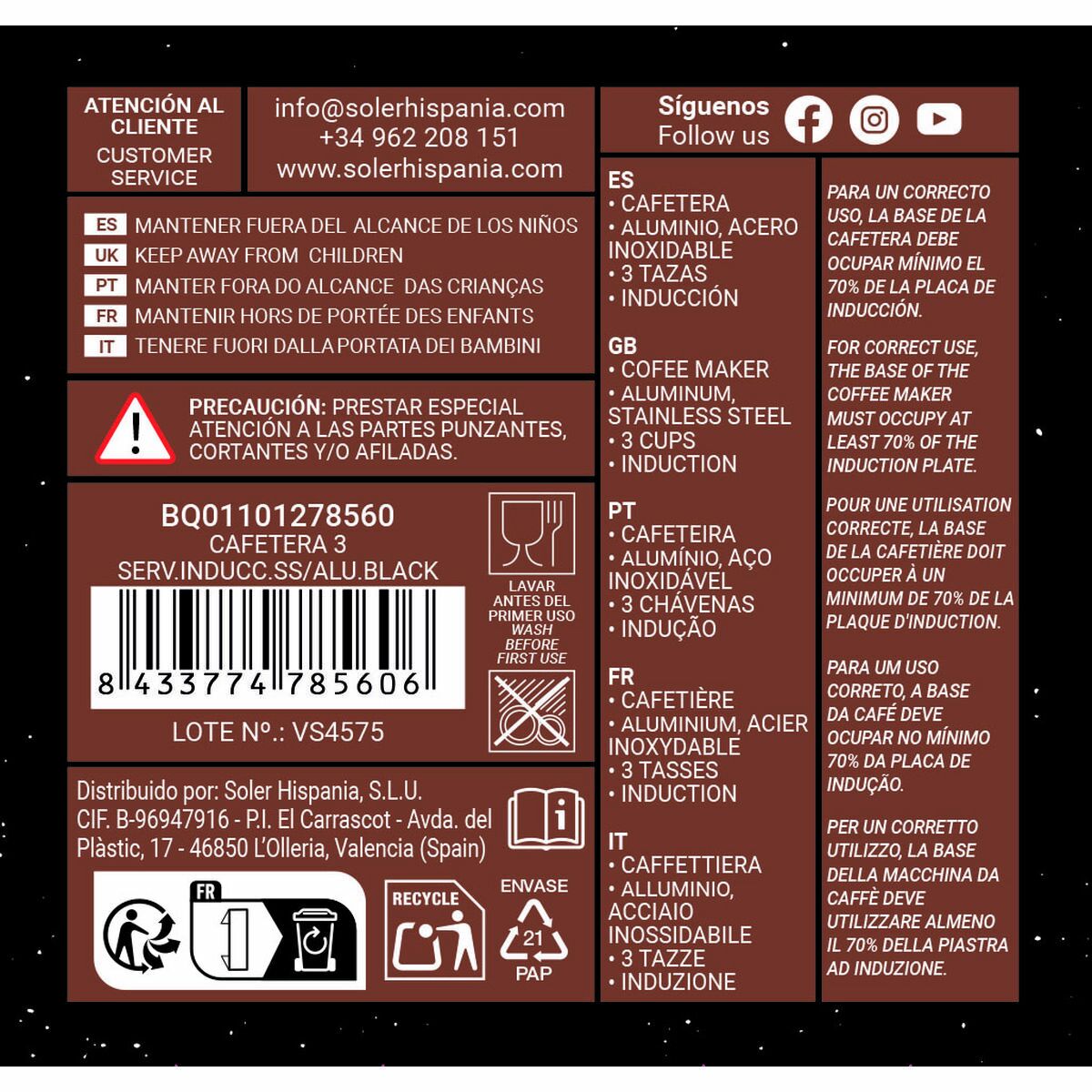 Cafetera Italiana Quttin Negro (6 Unidades)