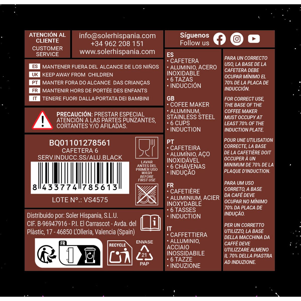 Cafetera Italiana Quttin Negro 0,3 L (6 Unidades)