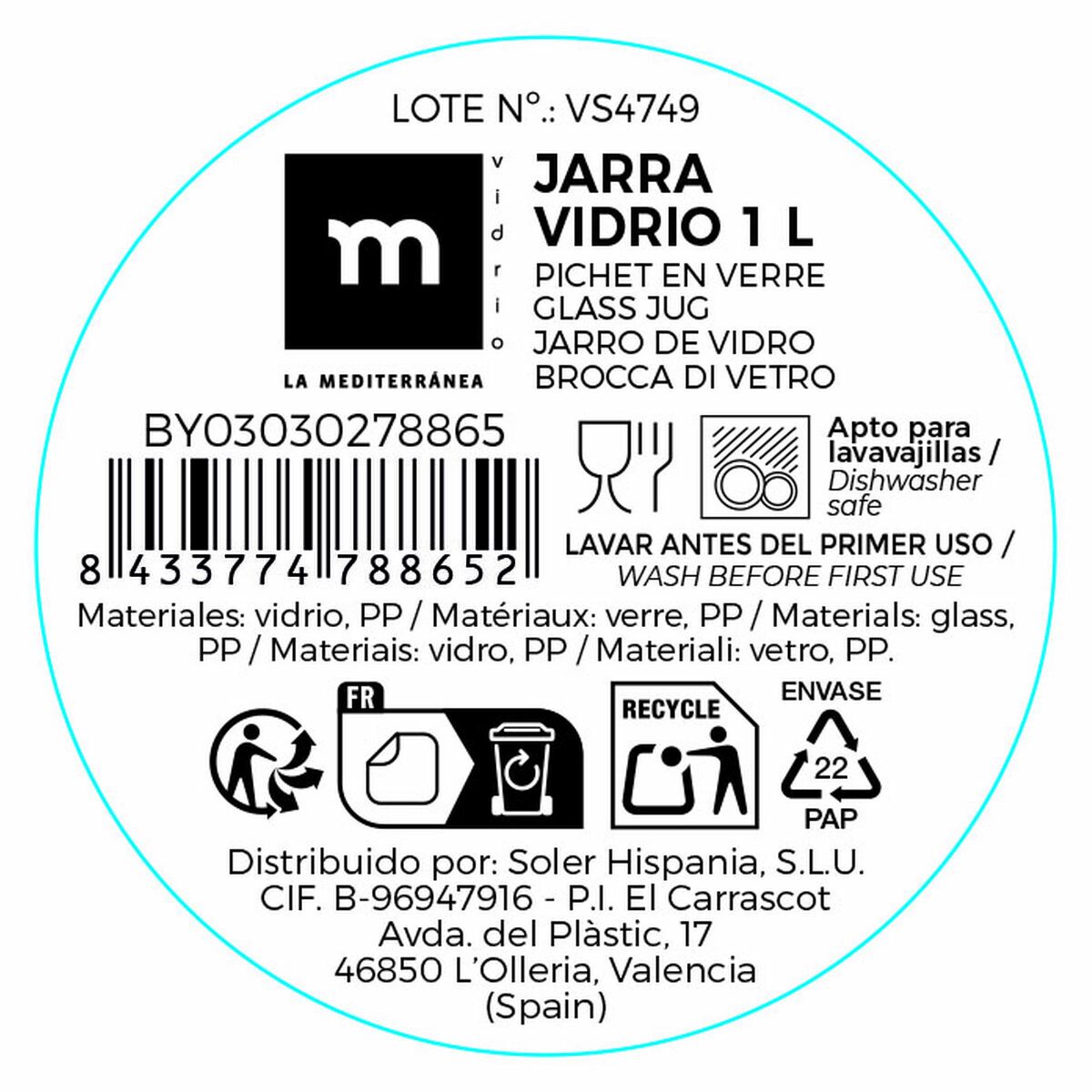 Jarra La Mediterránea Vidrio 1 L (12 Unidades)