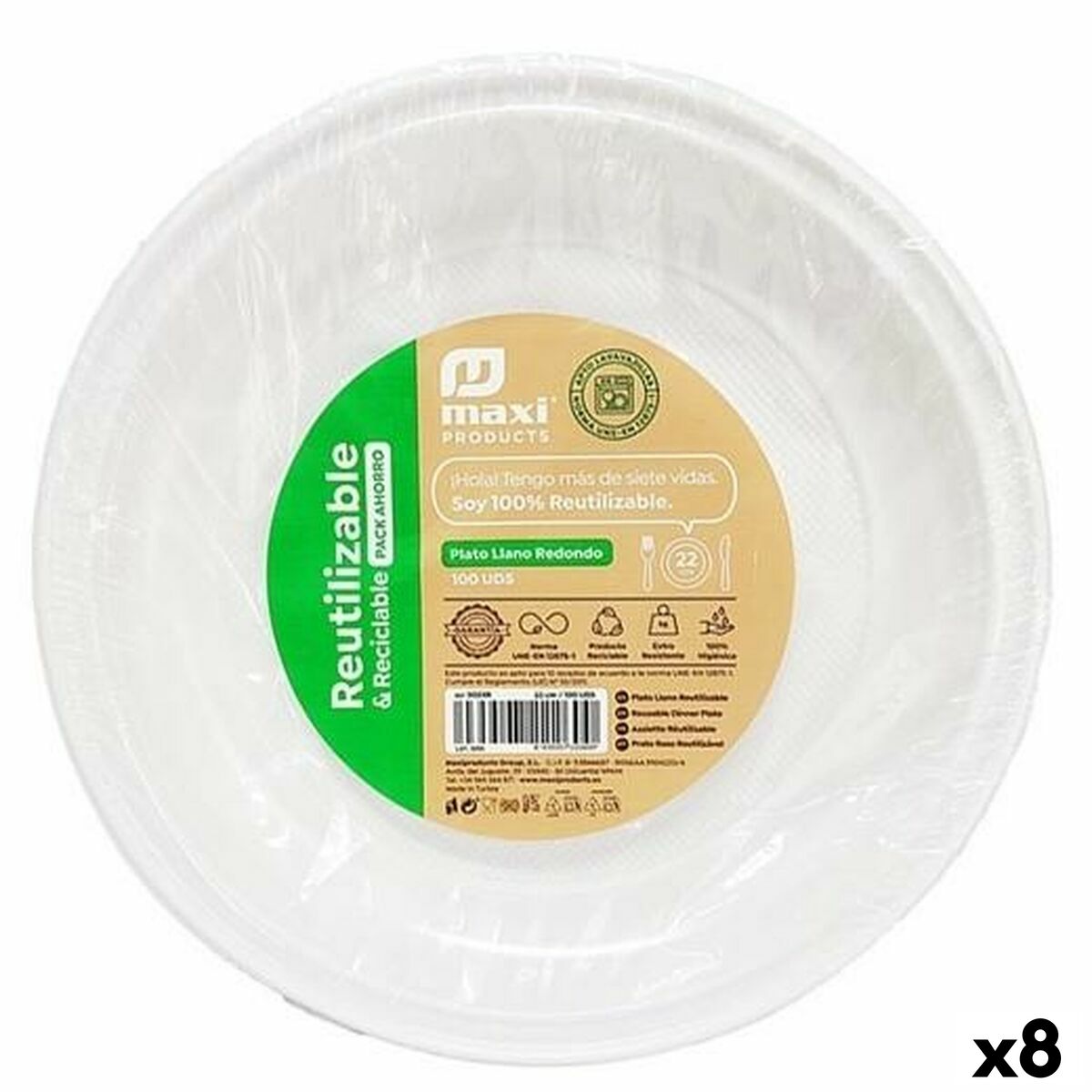 Set de platos reutilizables Maxi Products Blanco Plástico Ø 22 cm 100 Piezas (8 Unidades)