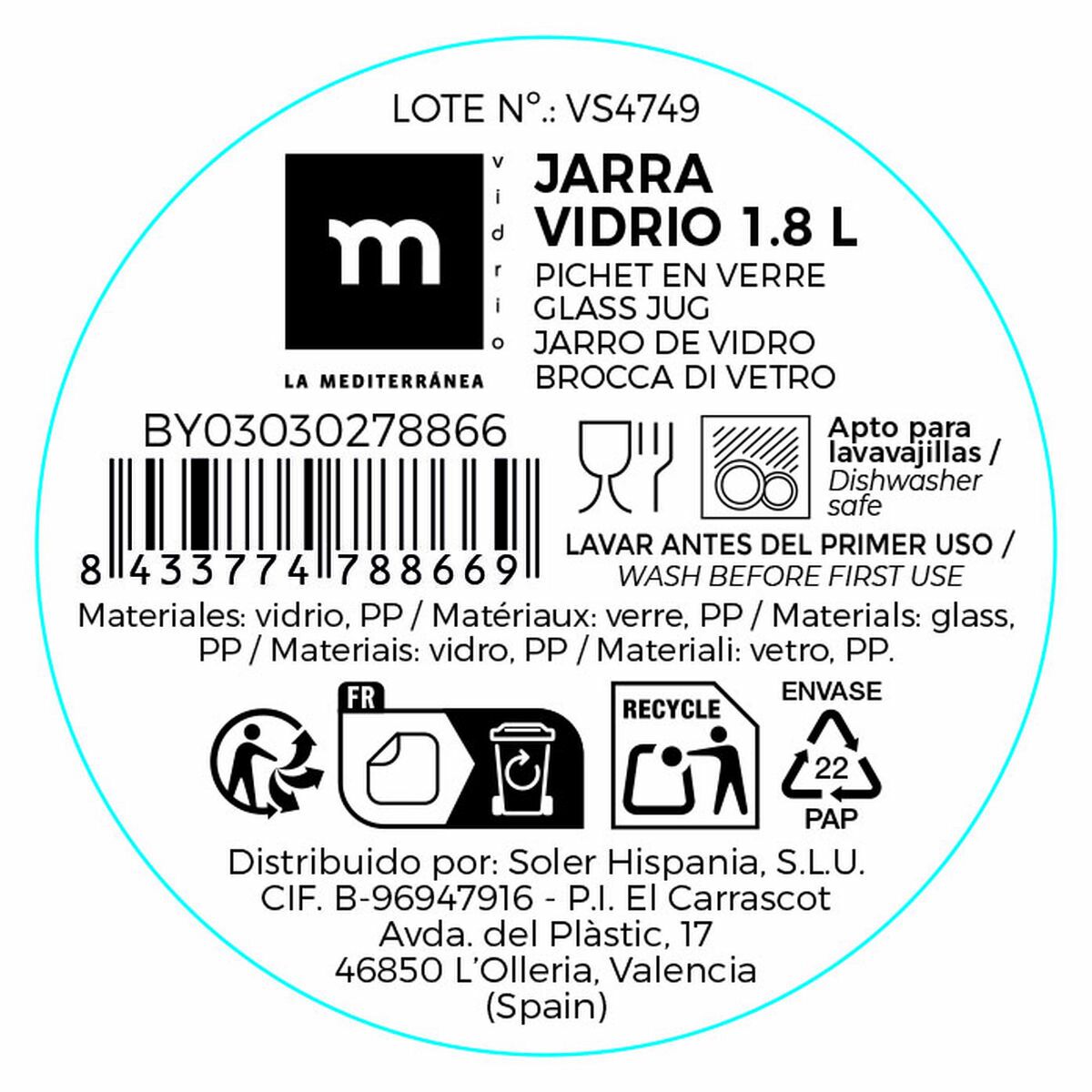 Jarra La Mediterránea Vidrio 1,8 L (12 Unidades)
