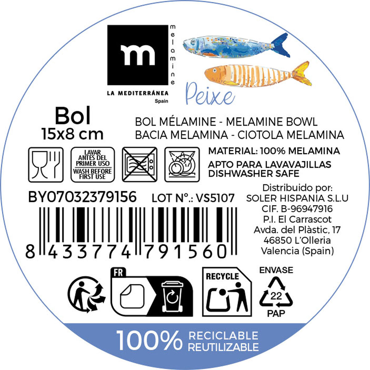 Cuenco La Mediterránea Peixe 15 x 8 cm (24 Unidades)