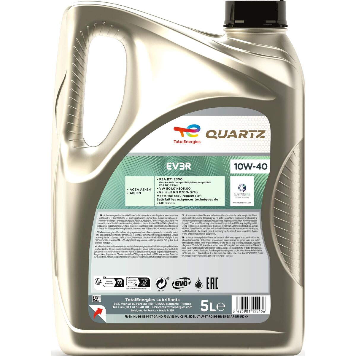 Aceite de Motor para Coche Totalenergies Quartz EV3R 10W40 5 L