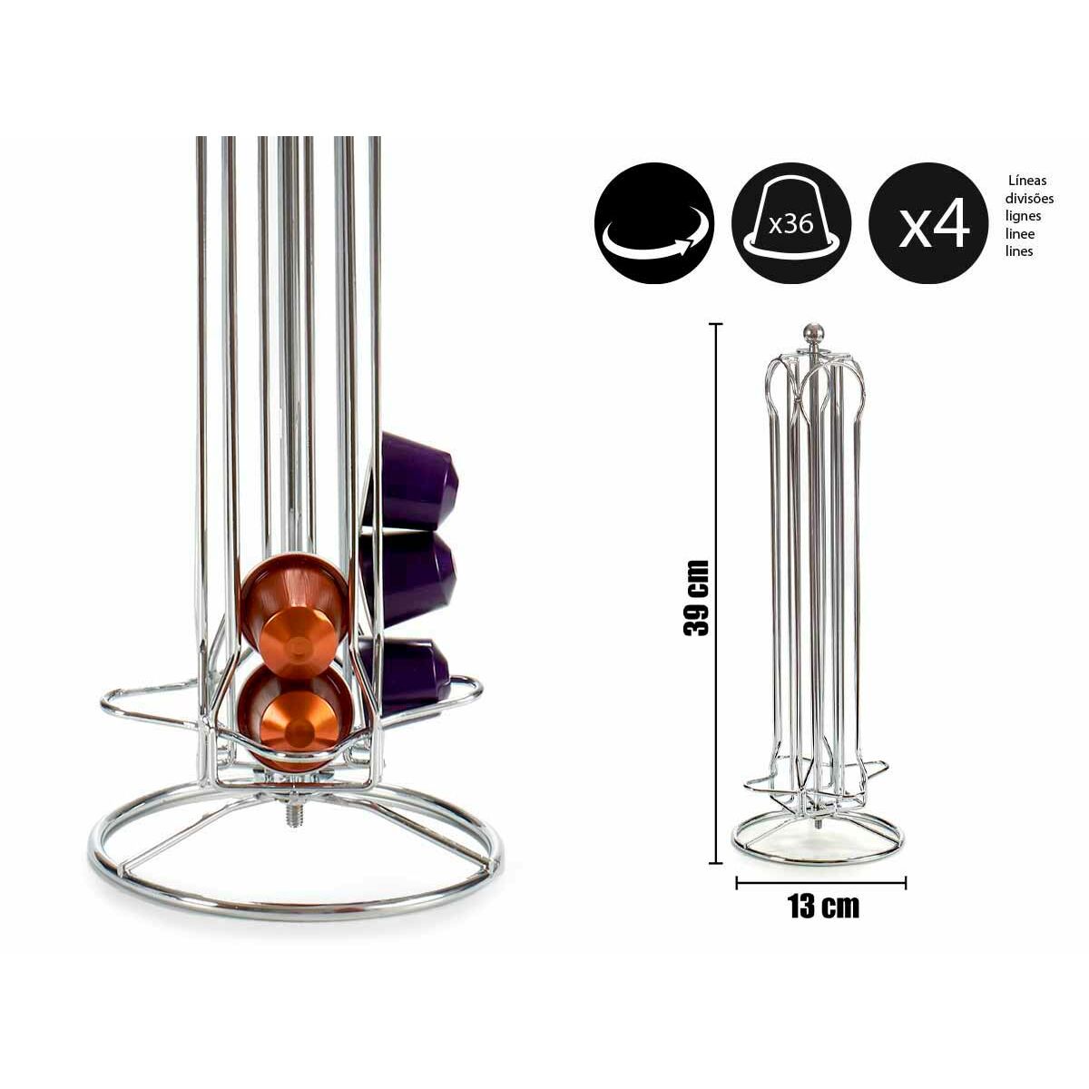 Soporte para 36 Cápsulas de Café Kinvara Nespresso Plateado Plata Metal 13 x 39 x 13 cm Giratorio 36 Piezas