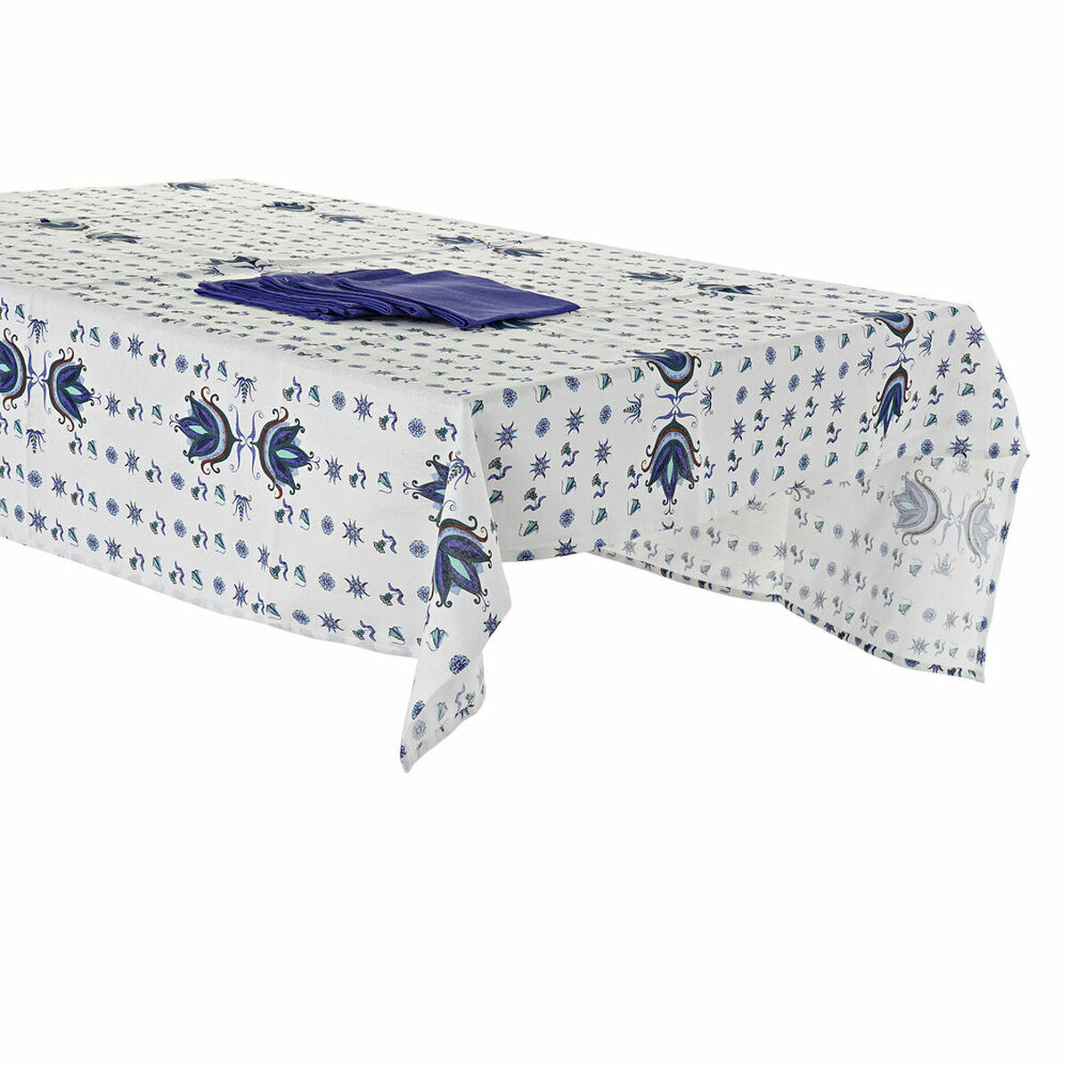 Mantel y servilletas DKD Home Decor Azul Blanco 150 x 150 x 0,5 cm (2 Unidades)