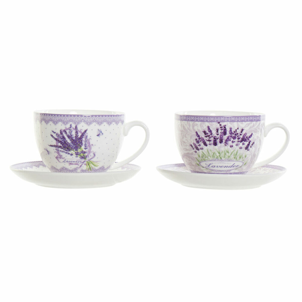 Taza con Plato DKD Home Decor Blanco Verde Lila Porcelana 220 ml (2 Unidades)
