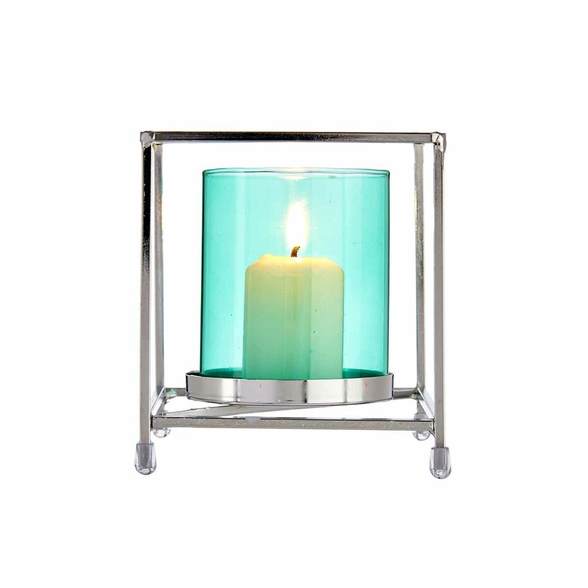 Portavelas Gift Decor Azul Plateado Plata Metal Vidrio 11,5 x 12,6 x 11,5 cm Cuadrado