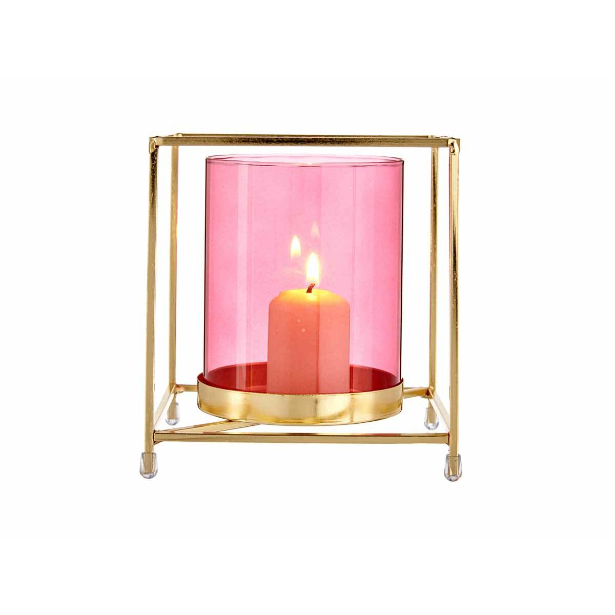 Portavelas Gift Decor Rosa Dorado Metal Vidrio 14 x 15,5 x 14 cm Cuadrado