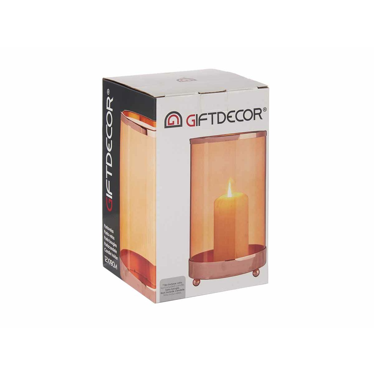Portavelas Gift Decor Cobre Ambar Metal Vidrio 12,2 x 19,5 x 12,2 cm Cilindro