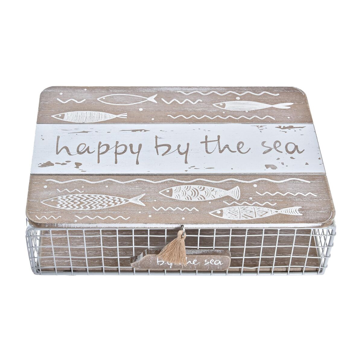 Caja Decorativa DKD Home Decor Blanco Marrón Madera Metal Espirales Mediterráneo
