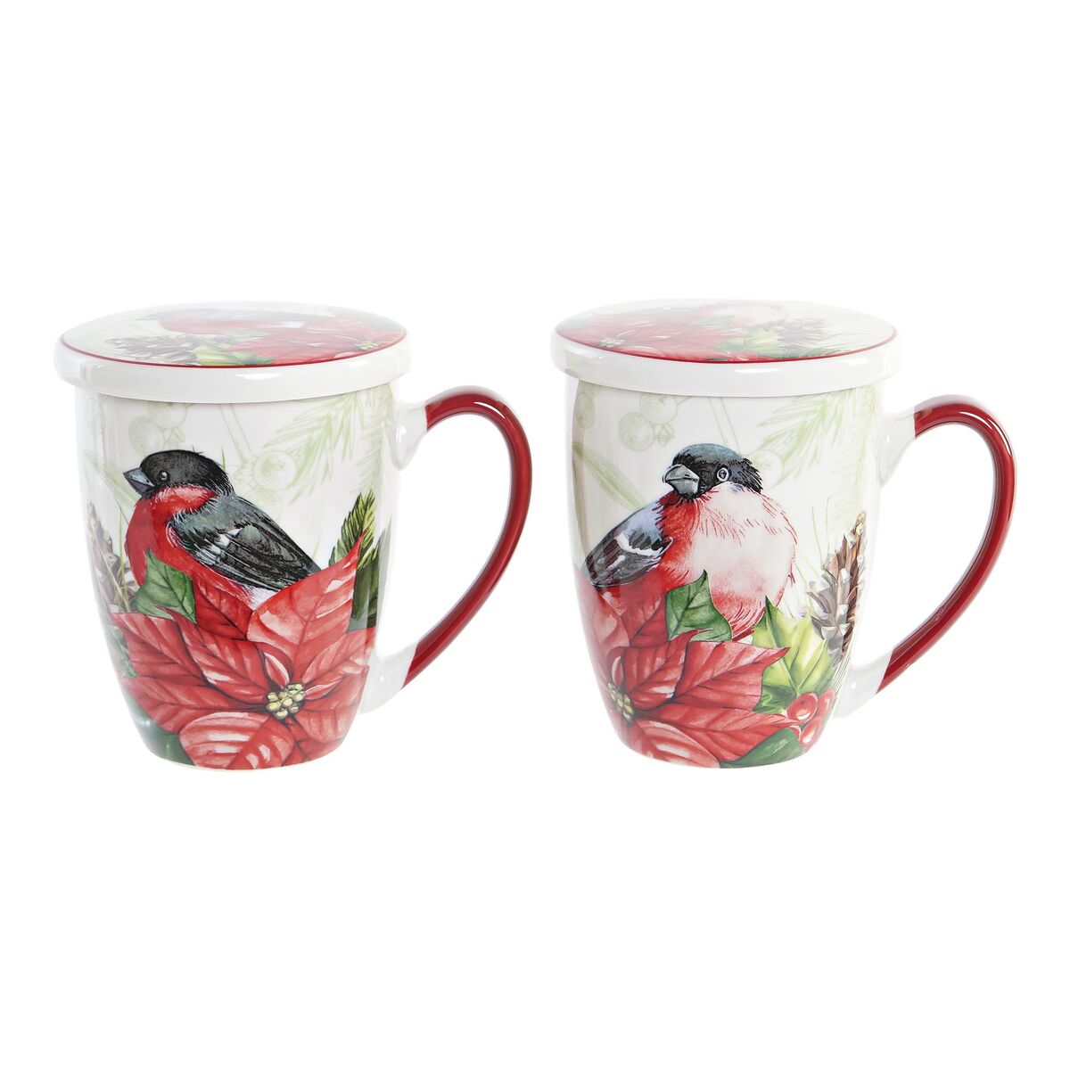 Taza para Infusión DKD Home Decor Pájaro Porcelana Rojo Verde (380 ml) (2 Unidades)