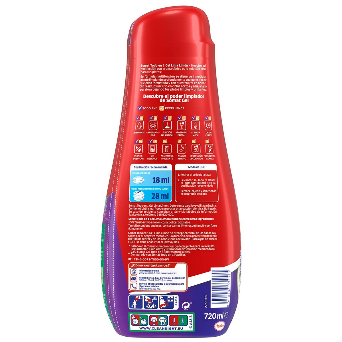 Gel Lavavajillas Somat Limón 720 ml Todo en uno 40 lavados