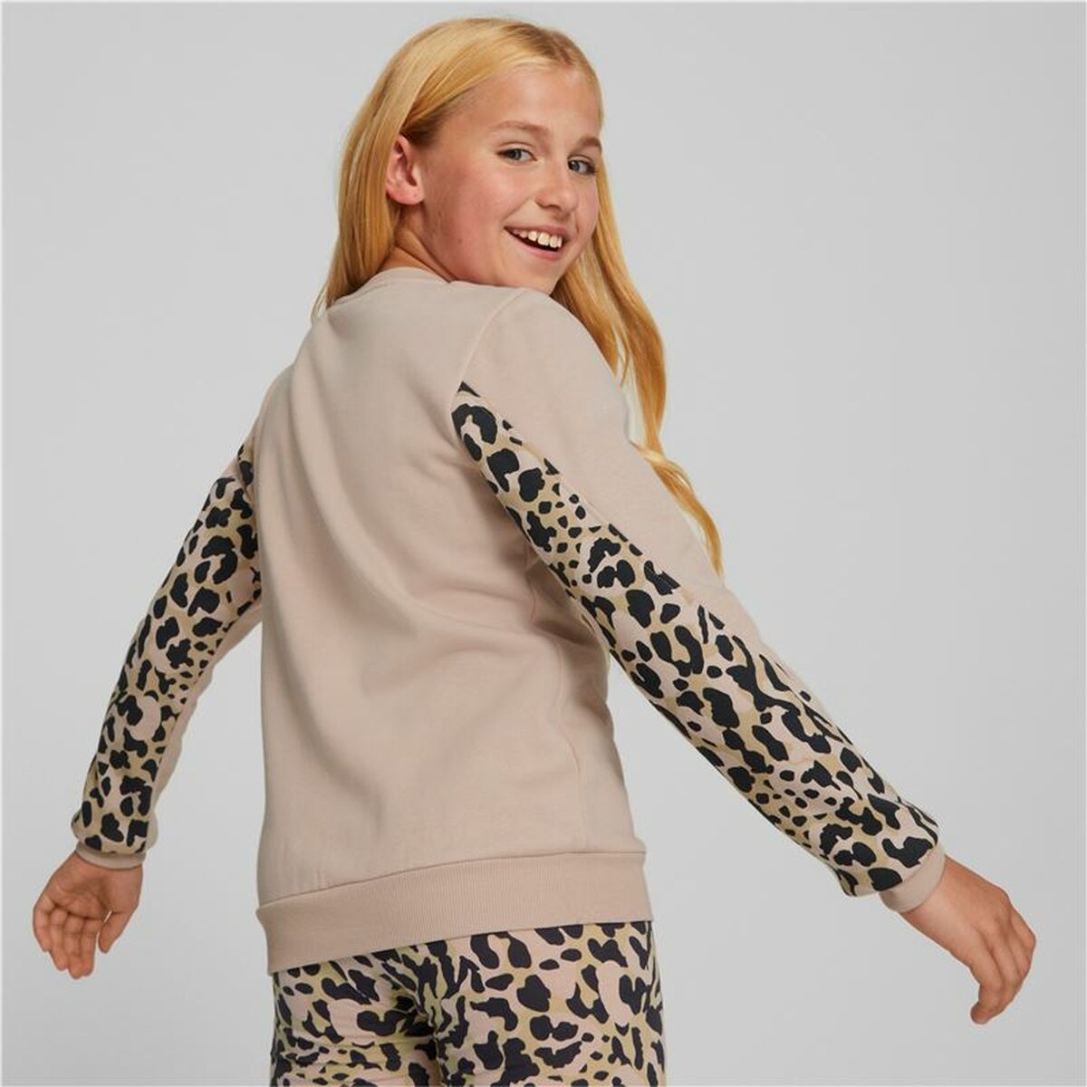 Sudadera sin Capucha Niña Puma Alpha Crew Neck Beige Leopardo Rosa