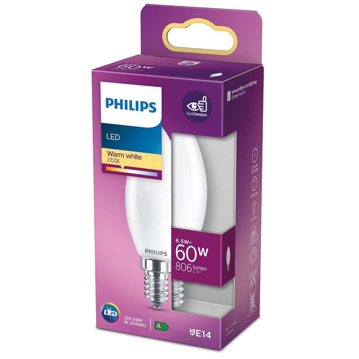 Bombilla LED Philips Vela E 6,5 W 60 W E14 806 lm 3,5 x 9,7 cm (2700 K)