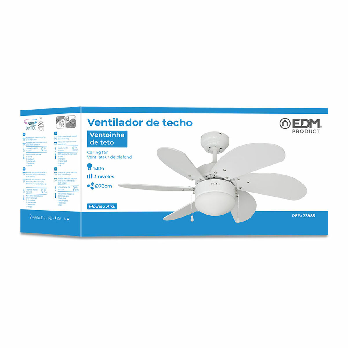 Ventilador de Techo con Luz EDM 33985 Aral Blanco 50 W