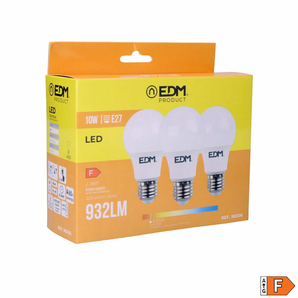 Pack de 3 bombillas LED EDM 98206 F 60 W 10 W 68 W E27 810 Lm 932 Lm Ø 6 x 10,8 cm (3200 K)