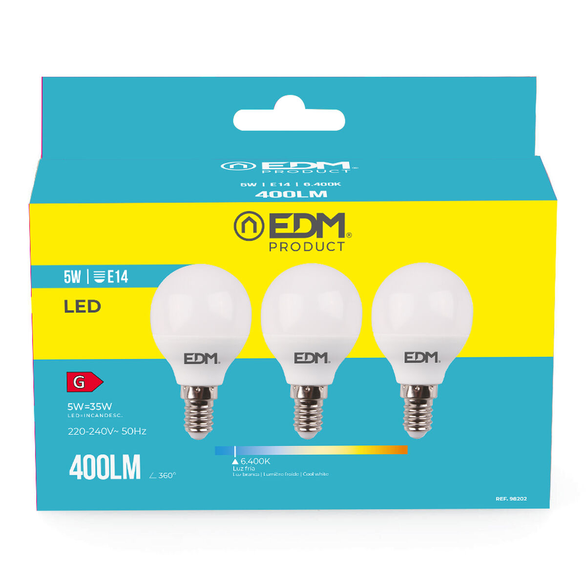 Pack de 3 bombillas LED EDM 98202 G 35 W 5 W 50 W E14 400 lm Ø 4,5 x 8 cm (6400 K)