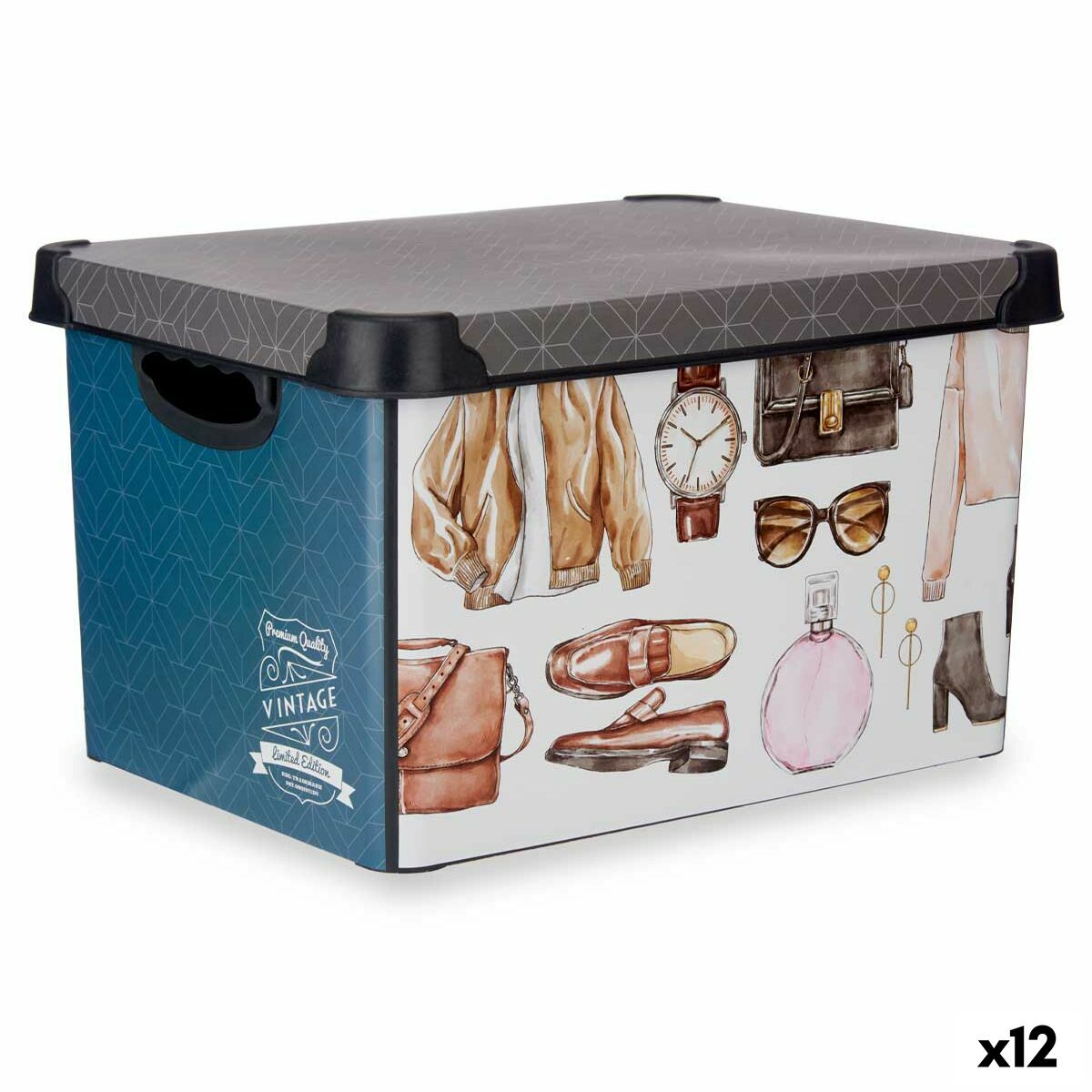 Caja de Almacenaje Kipit Vintage Plástico Estampado Vintage 22 L Con asas (12 Unidades)
