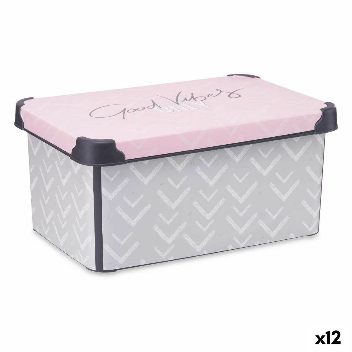 Caja de Almacenaje con Tapa Kipit Vibes Gris Rosa Plástico Estampado 10 L (12 Unidades)