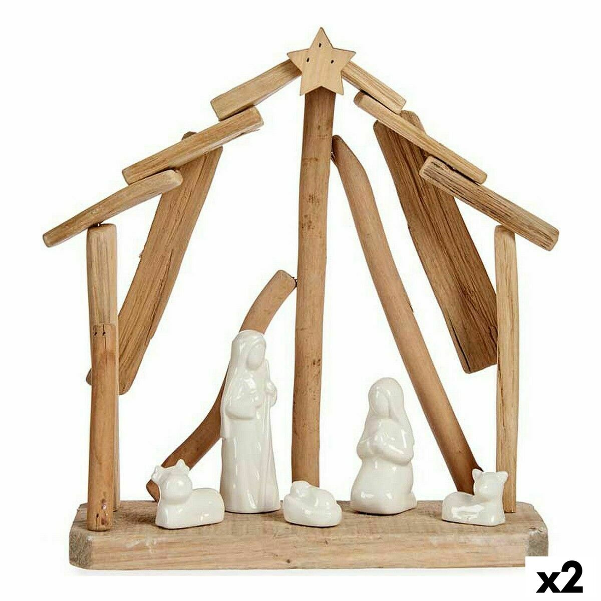 Belén de Navidad Krist+ Blanco Marrón Natural Madera Cerámica 25 x 28 x 10 cm (2 Unidades)