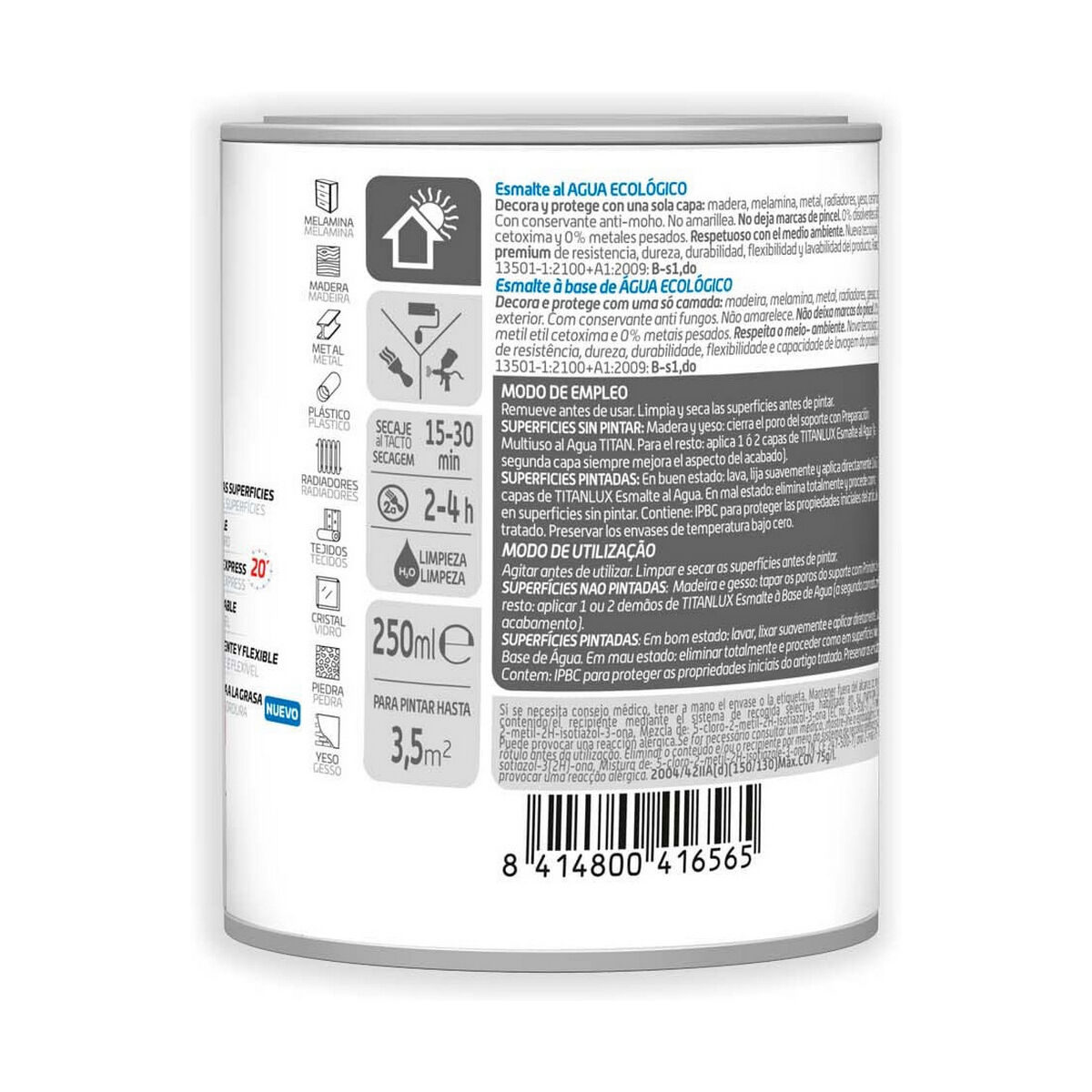 Esmalte acrílico Titanlux 00t056614 Ecológico 250 ml Blanco Brillante