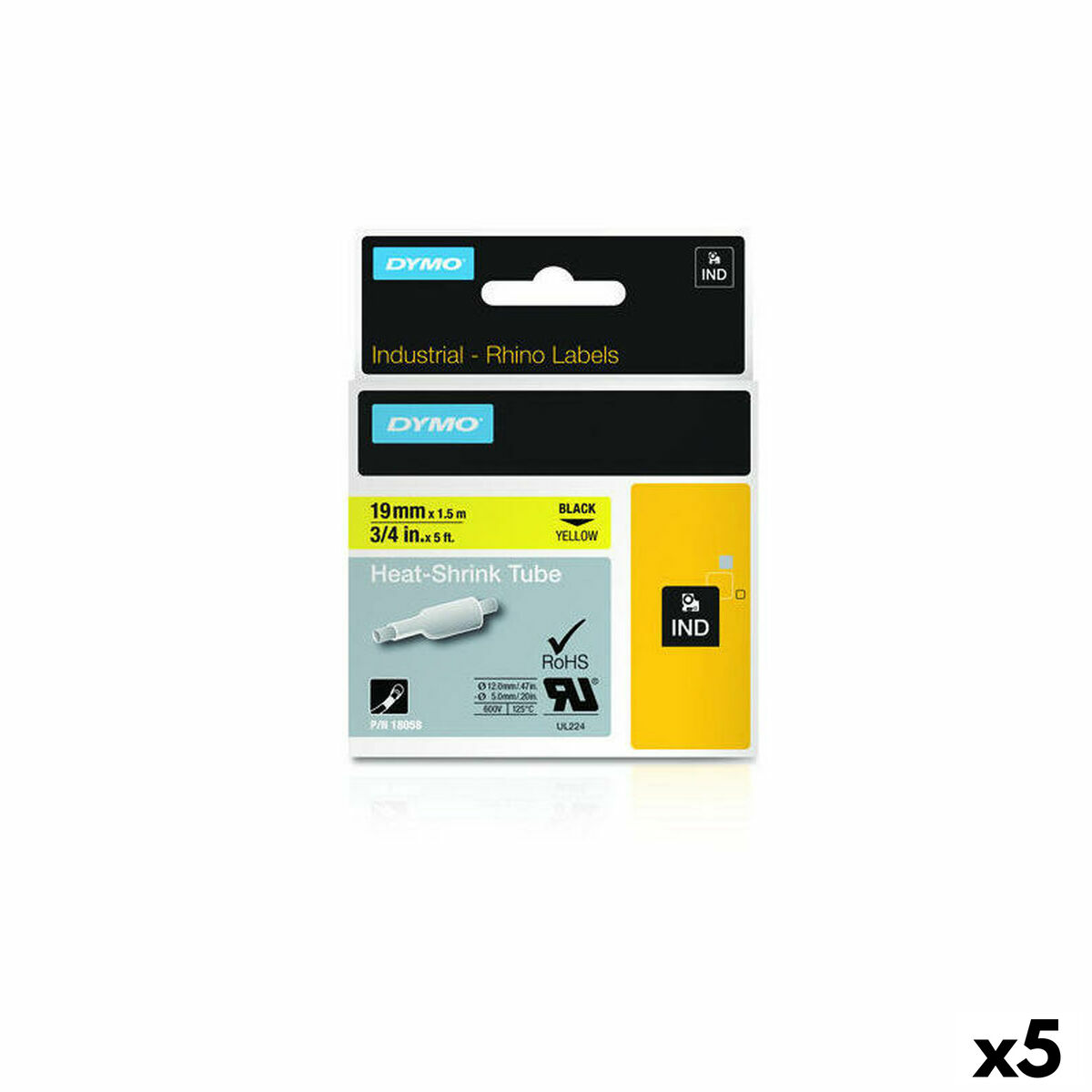 Cinta Laminada para Rotuladoras Dymo 19 mm x 1,5 m Negro Amarillo (5 Unidades)