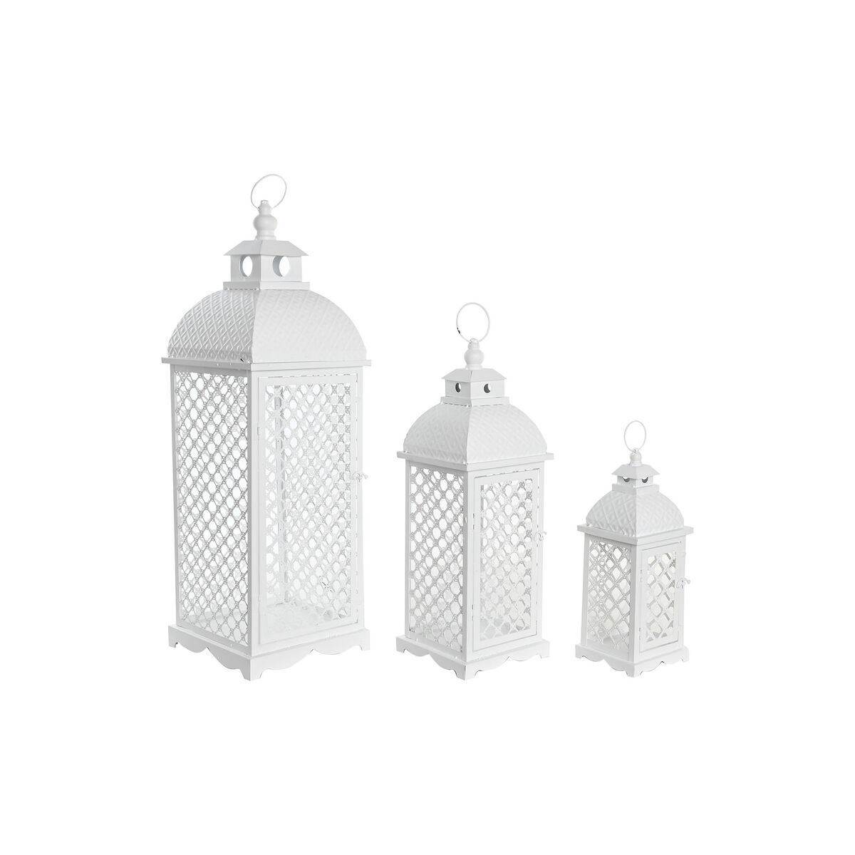 Set de faroles DKD Home Decor Blanco Metal Cristal Árabe Acabado envejecido 24 x 24 x 74 cm (3 Piezas)