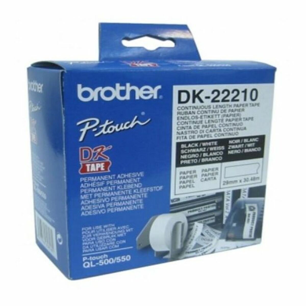 Papel Continuo para Impresoras Brother DK22210 29 x 30,48 mm Blanco Negro 80 g/m² (1 unidad)