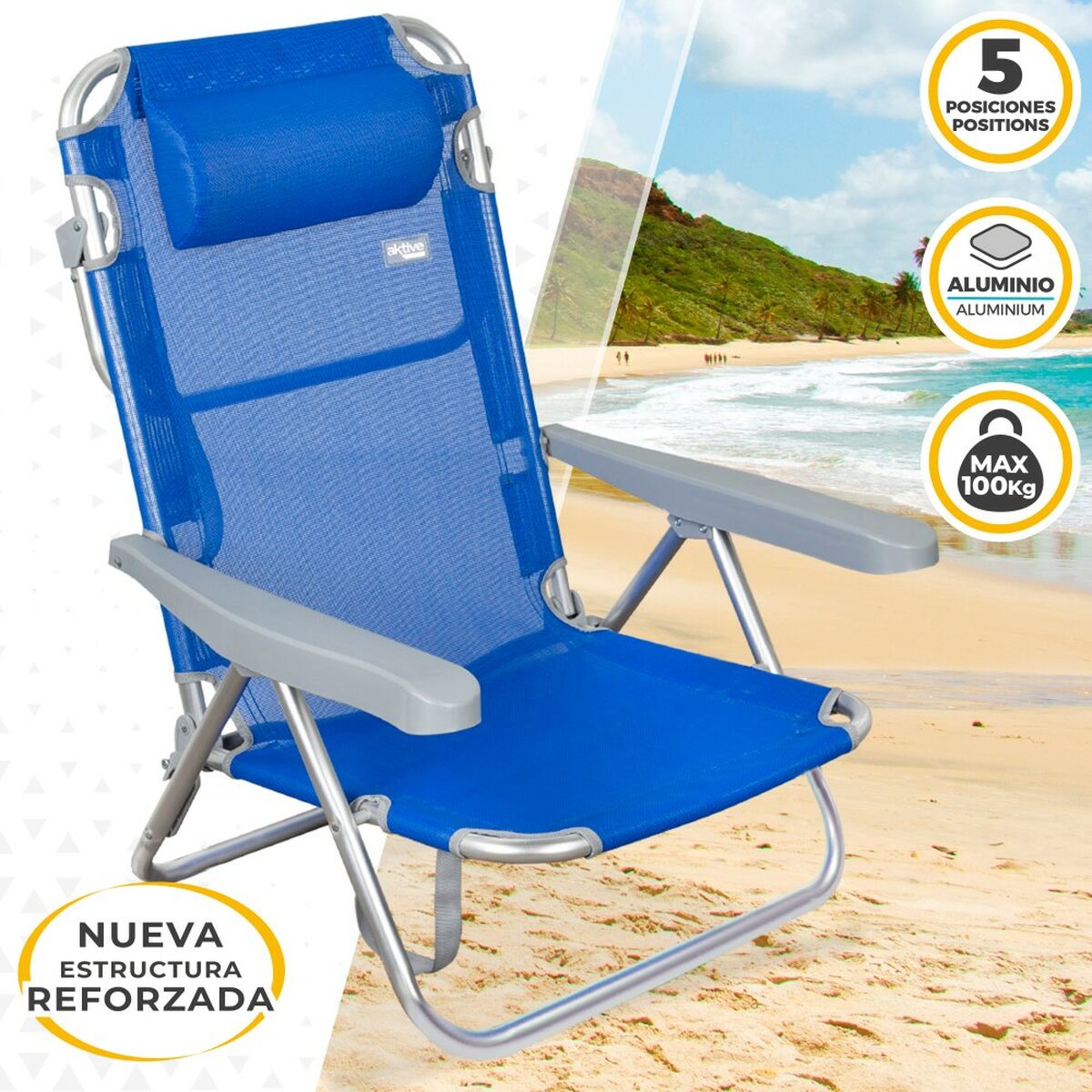 Silla Plegable con Reposacabezas Aktive Gomera Azul 48 x 84 x 46 cm (2 Unidades)