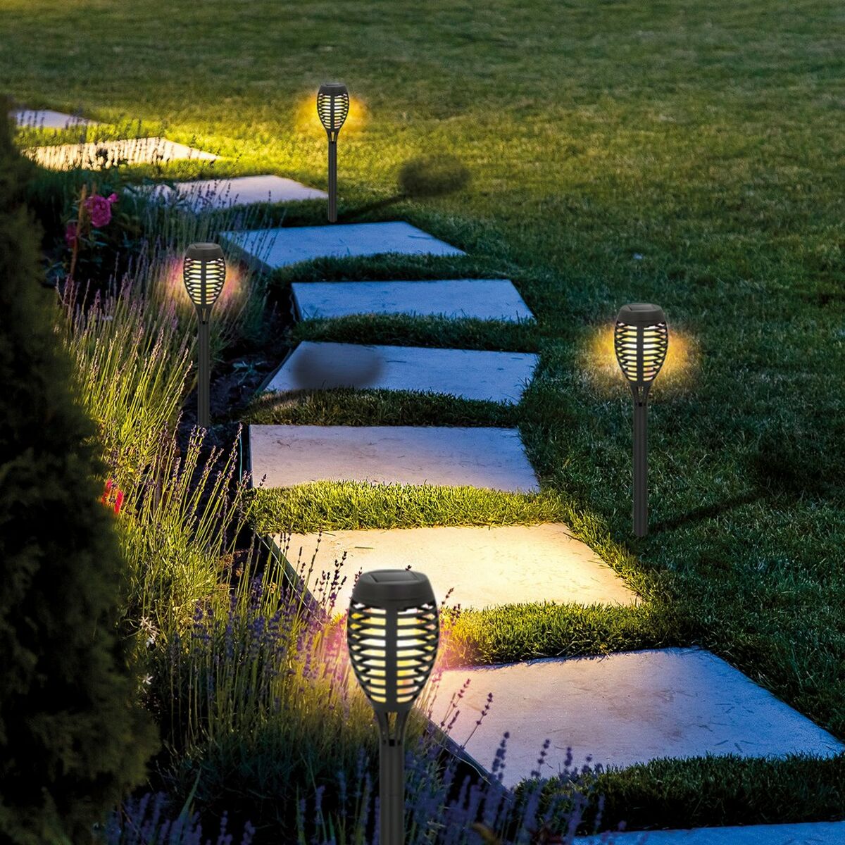 Set de antorchas solares de jardín Aktive Plástico 7,5 x 50 x 7,5 cm (4 Unidades)