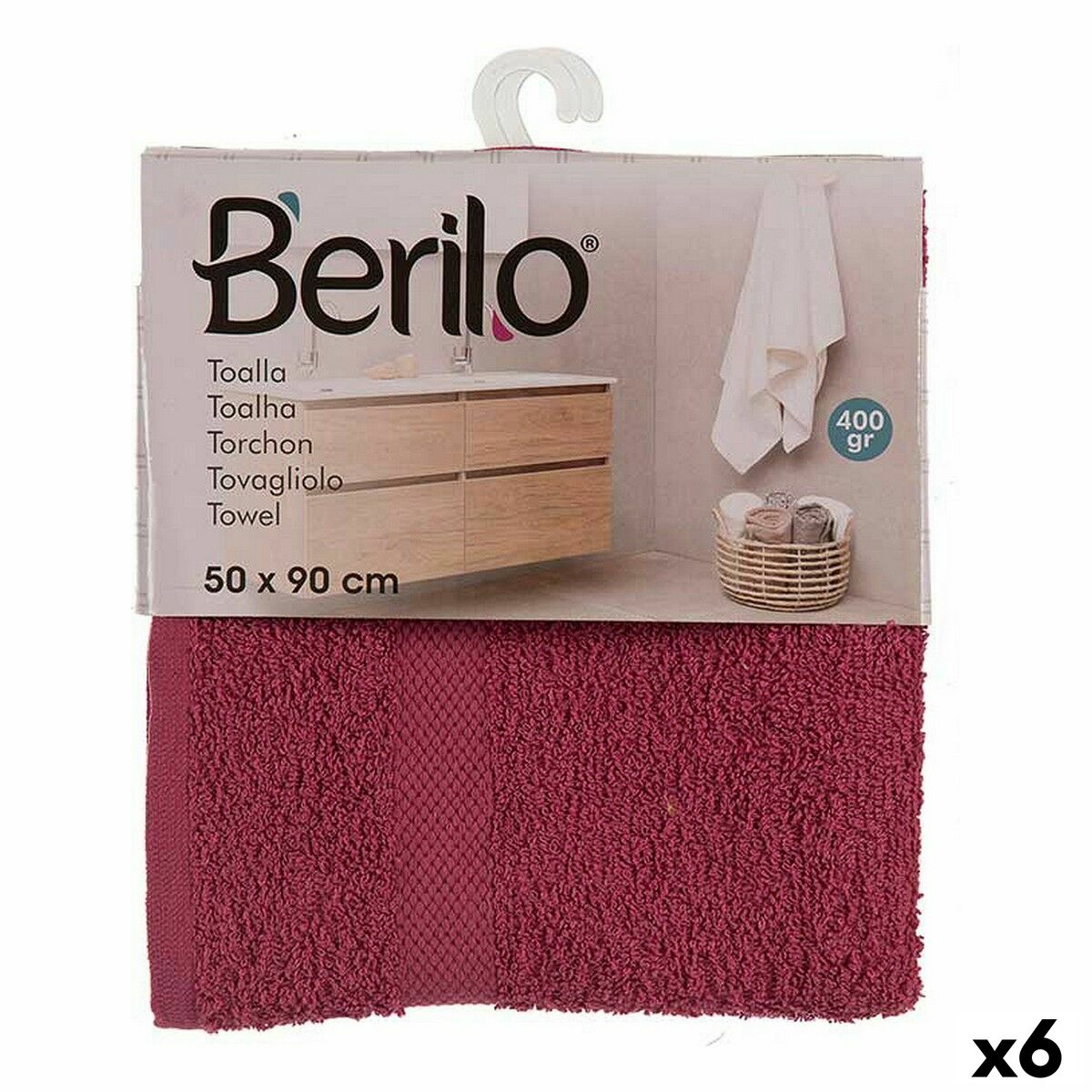 Toalla de baño Berilo Granate 80 % algodón 20 % Poliéster 50 x 0,5 x 90 cm 25 x 3 x 22 cm (6 Unidades)