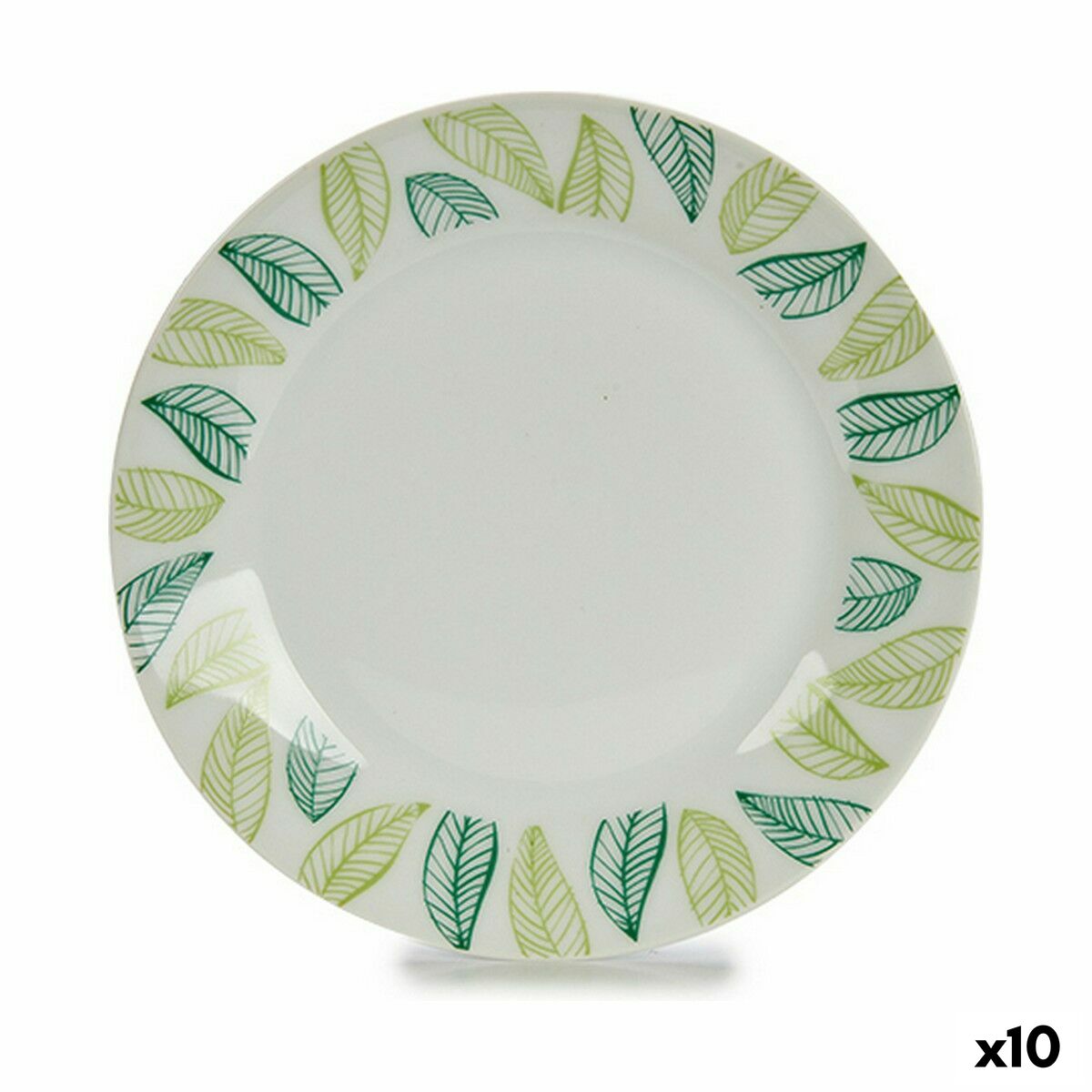 Plato de Postre Blanco Verde Porcelana 19 x 2 x 19 cm Hojas (10 Unidades)