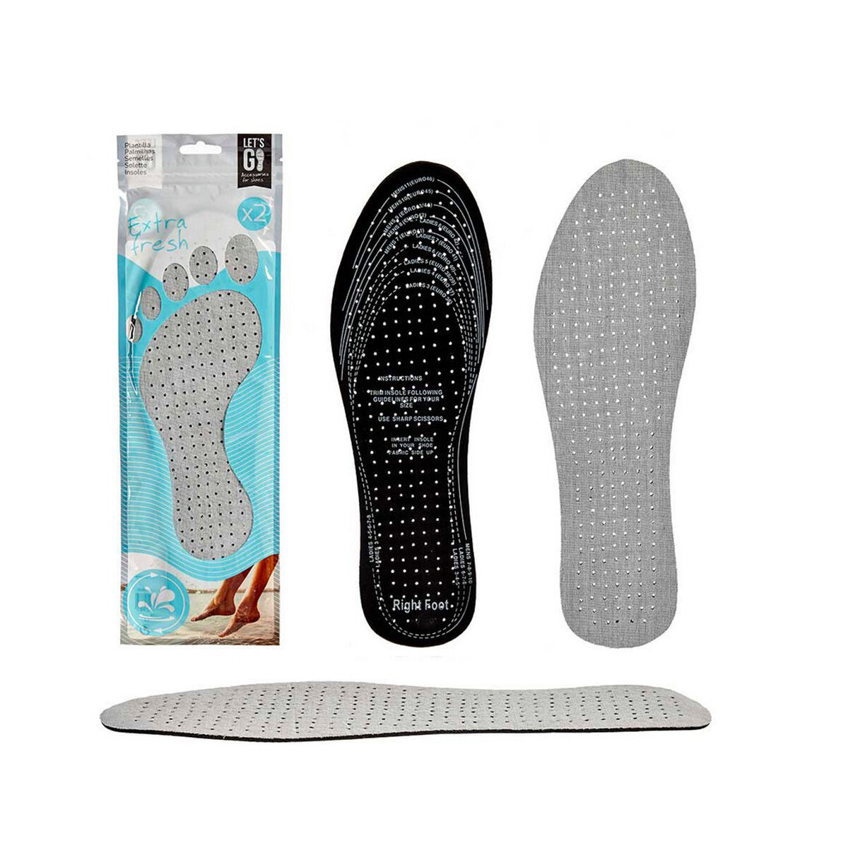 Plantillas Extra Fresh Negro Gris Algodón Plástico Látex 9,5 x 30 cm 11,5 x 0,5 x 36 cm (12 Unidades)