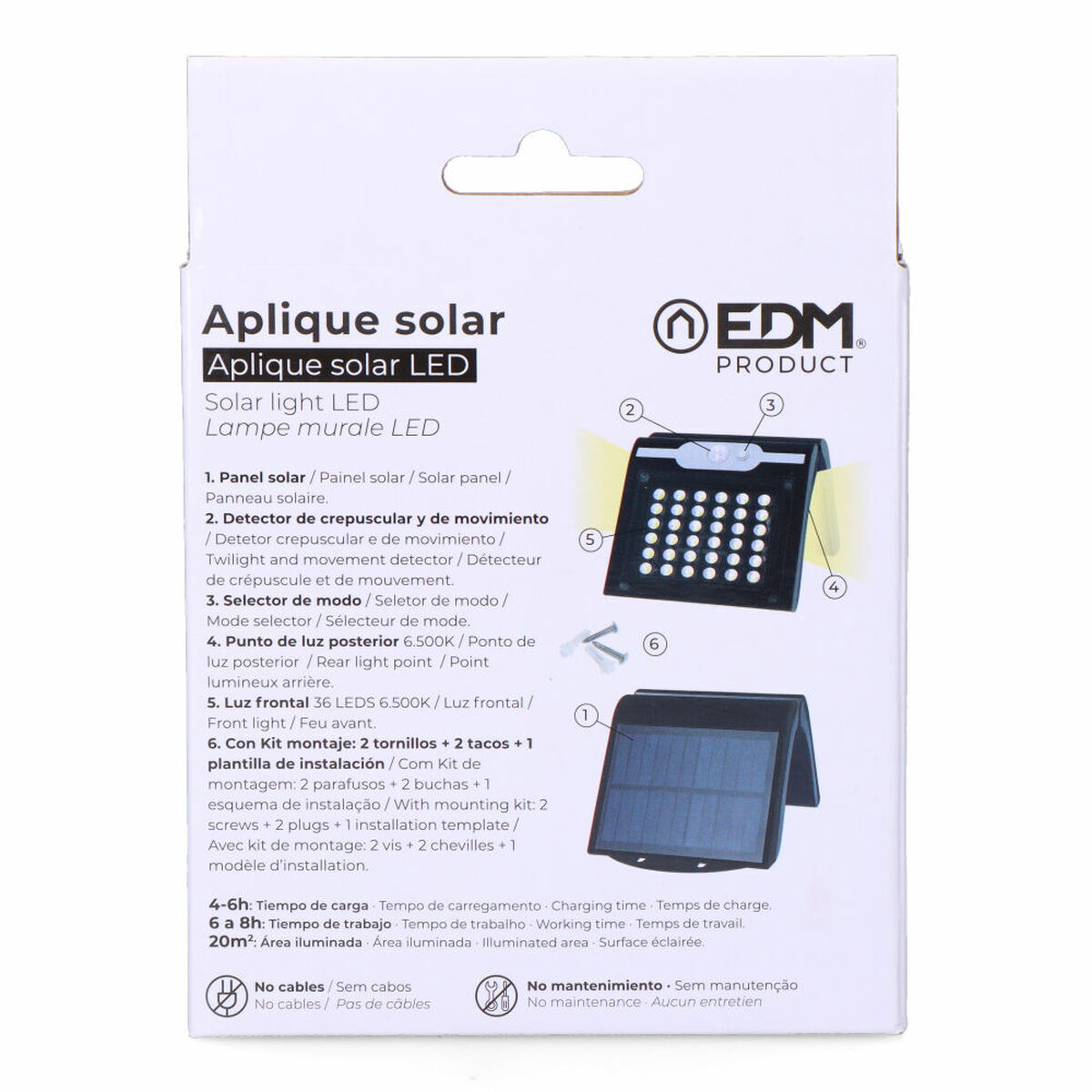 Aplique de Pared EDM 31847 Negro 2 W 220 lm Sensor de Movimiento Solar (6500 K)