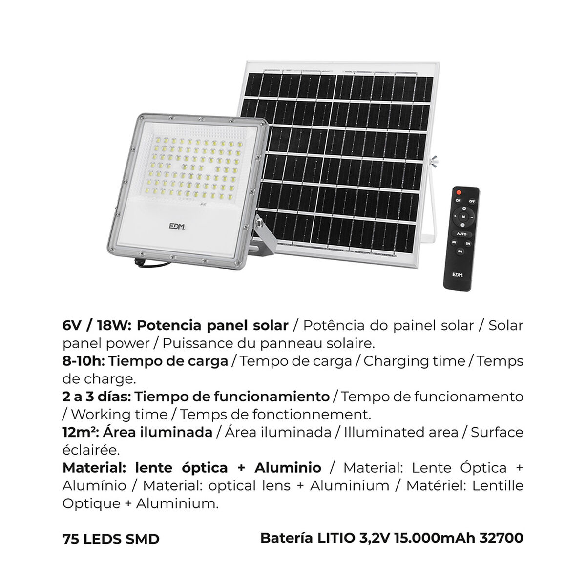 Foco Proyector EDM 31855 200 W 1500 lm Mando a distancia Panel solar fotovoltaico (6500 K)
