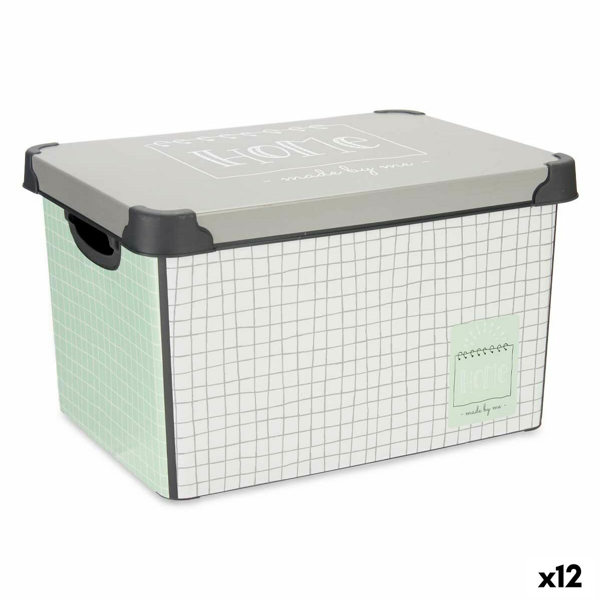 Caja de Almacenaje con Tapa Kipit Home Verde Gris Plástico Estampado Cuadriculado 17 L (12 Unidades)