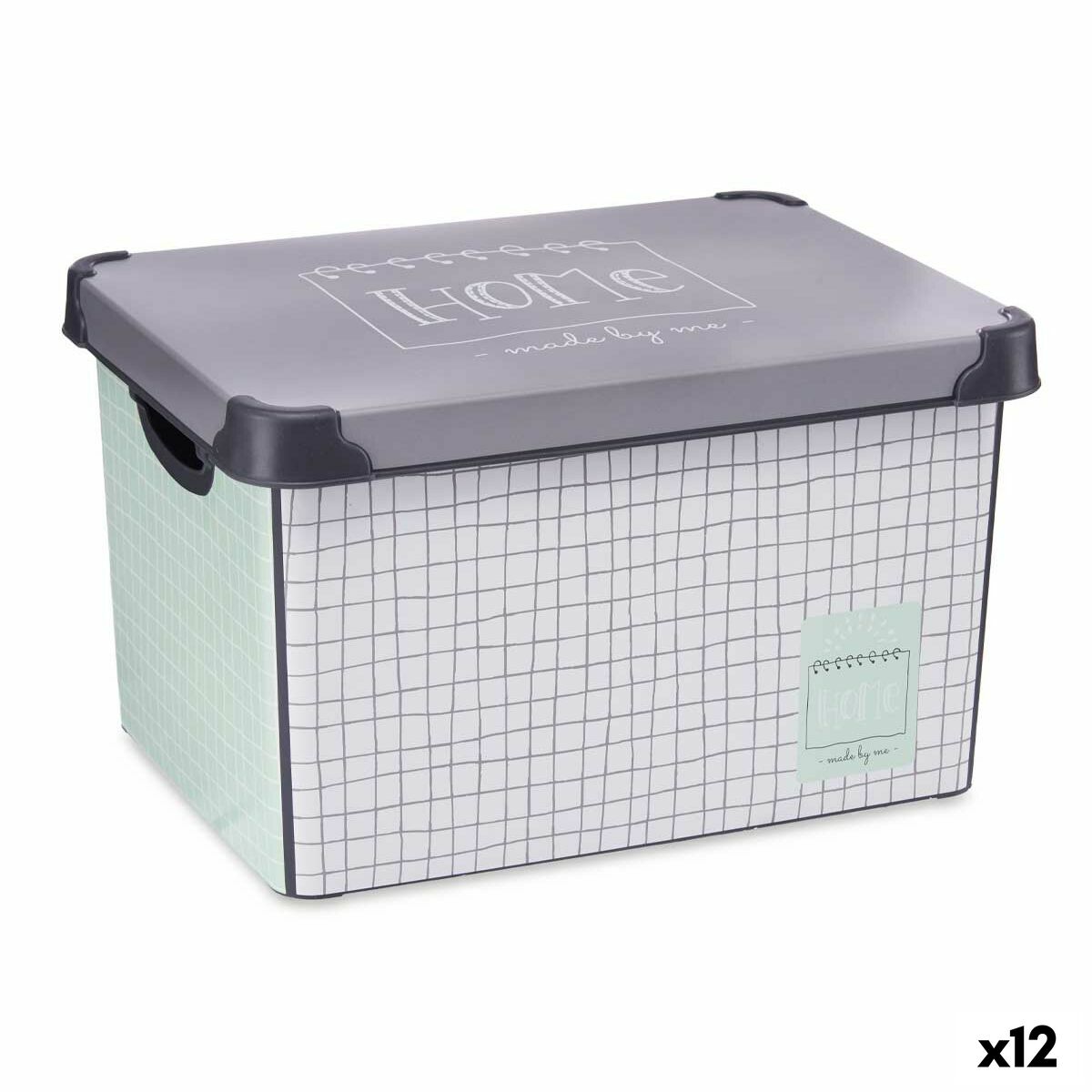 Caja de Almacenaje con Tapa Kipit Home Gris Plástico Cuadriculado 22 L (12 Unidades)