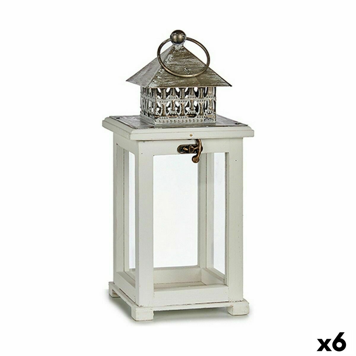 Farol Gift Decor Blanco Plateado Madera Metal Cristal 13 x 29 x 13 cm 13,4 x 29 x 13,4 cm (6 Unidades)