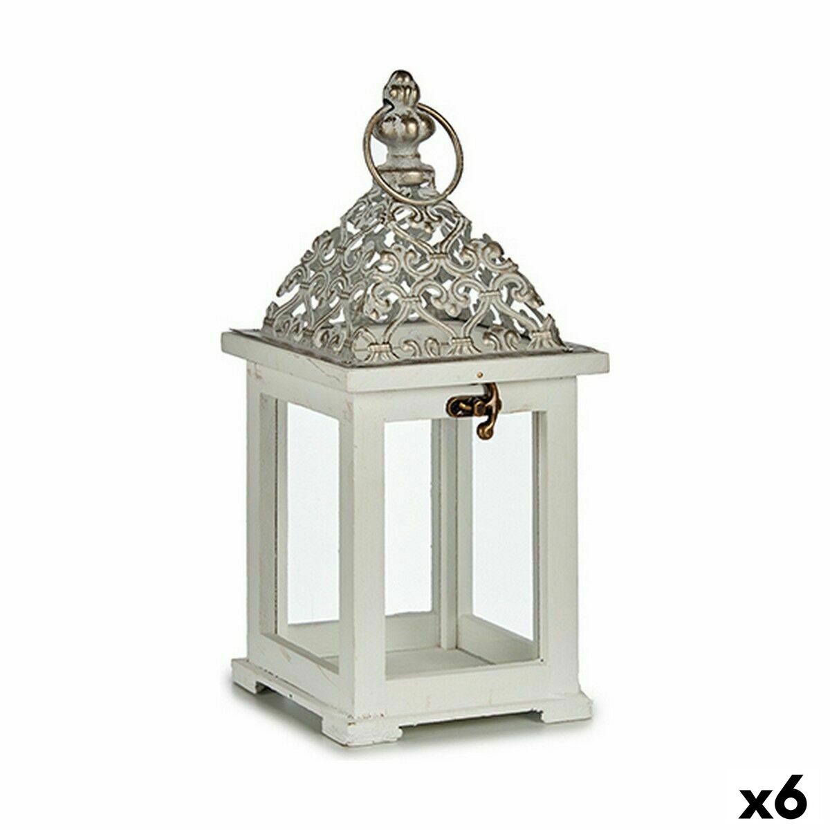 Farol Gift Decor Blanco Plateado Madera Metal Cristal 13 x 29 x 13 cm (6 Unidades)