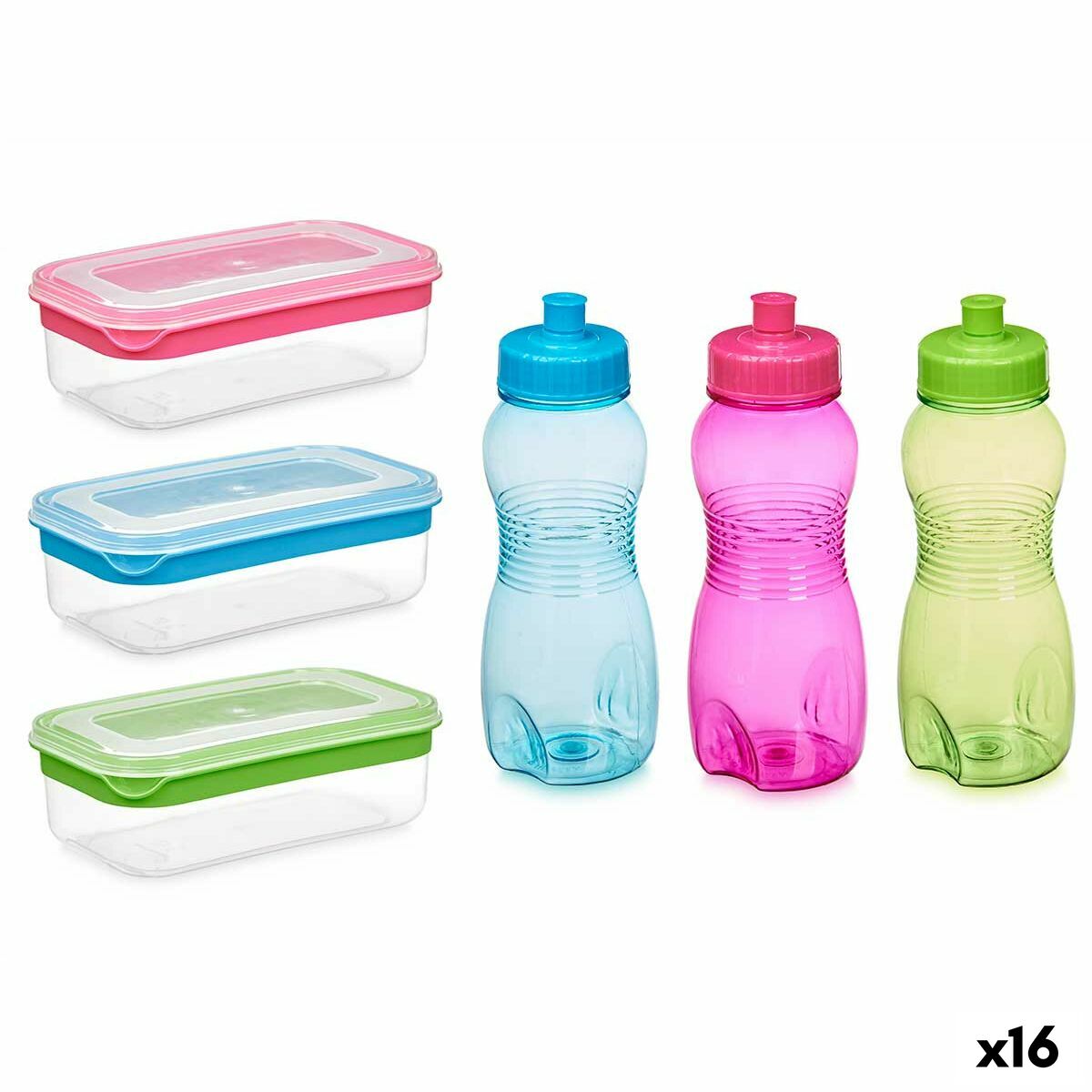 Set de Fiambrera y Bidón Leknes Azul Verde Rosa Polietileno Polipropileno (16 Unidades)