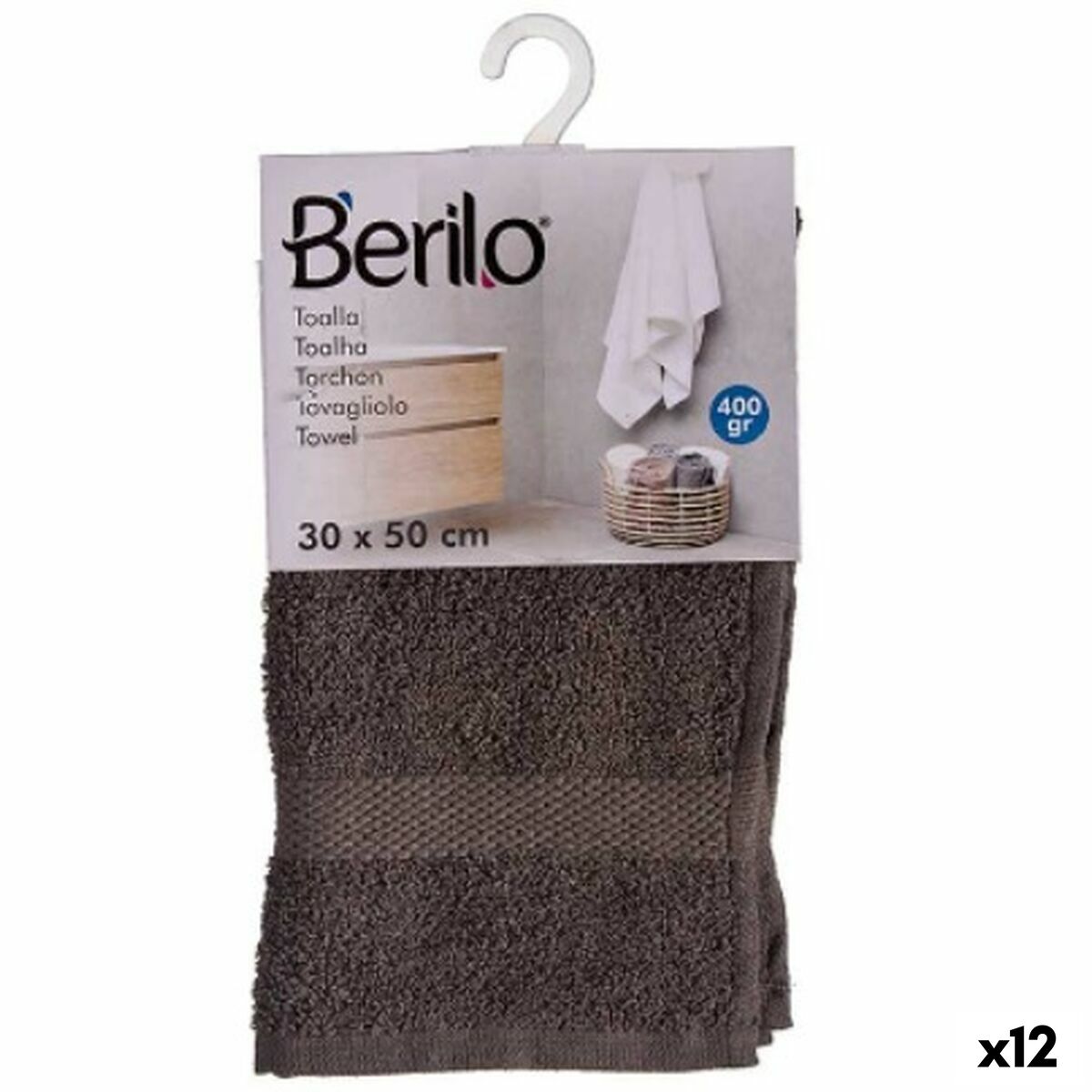 Toalla de baño Berilo Gris 80 % algodón 20 % Poliéster 30 x 50 cm 30 x 50 x 0,2 cm 25 x 1,5 x 15 cm (12 Unidades)