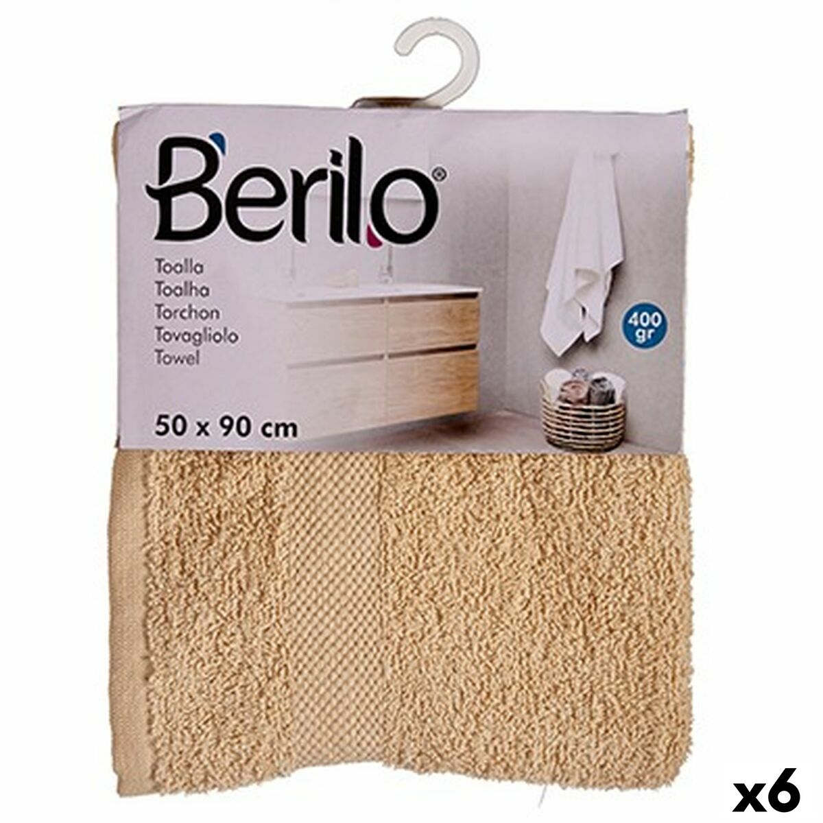 Toalla de baño Berilo Crema 80 % algodón 20 % Poliéster 50 x 90 cm 52 x 0,2 x 90 cm 25 x 3 x 22 cm 23 x 26 x 3 cm (6 Unidades)
