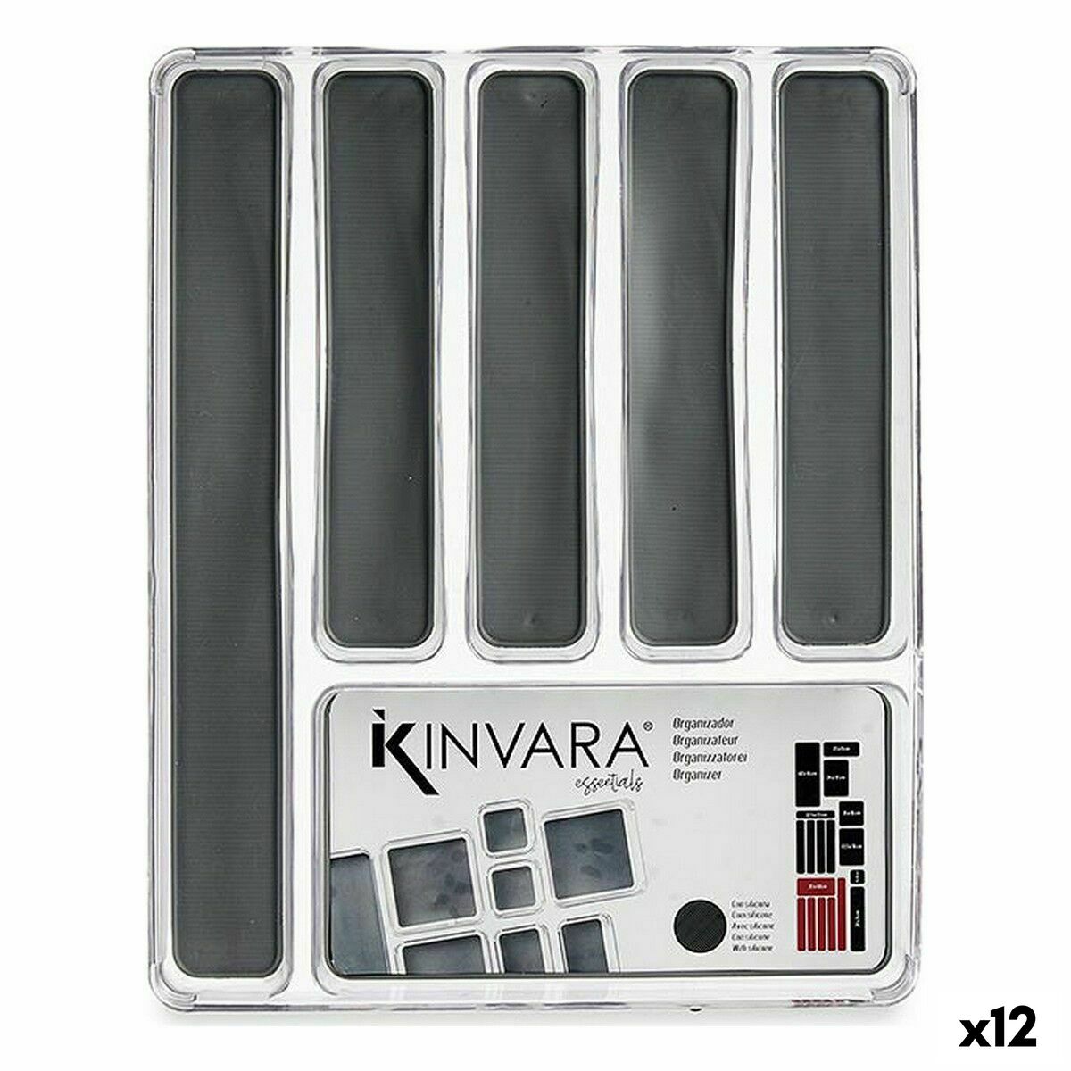 Organizador para Cubiertos Kinvara Gris Transparente Silicona Plástico TPR Plástico reciclado 32,3 x 4,5 x 40 cm (12 Unidades)