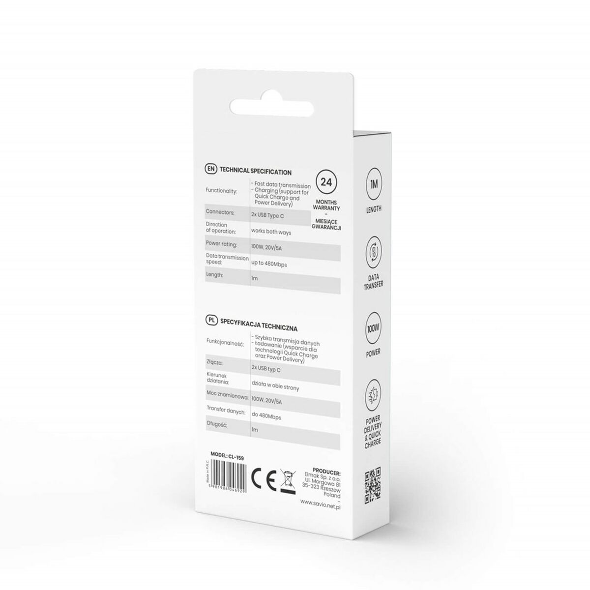 Cable USB C Savio CL-159 Negro 1 m