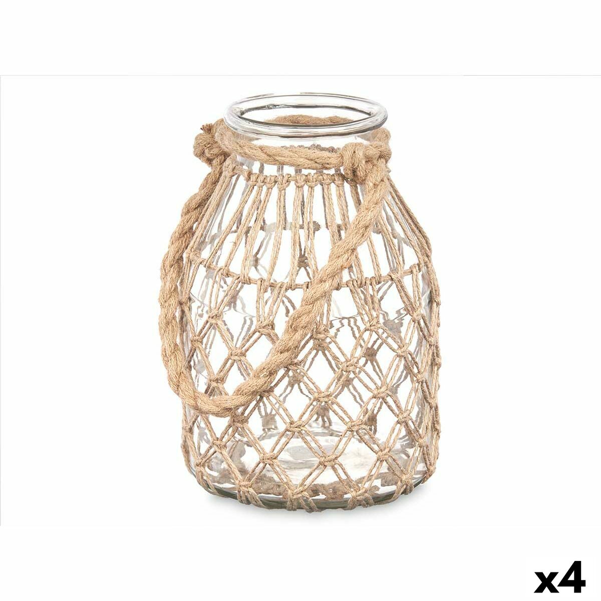 Portavelas Gift Decor Transparente Natural Vidrio Cuerda 17 x 25 cm 17 x 25 x 17 cm Bote (4 Unidades)