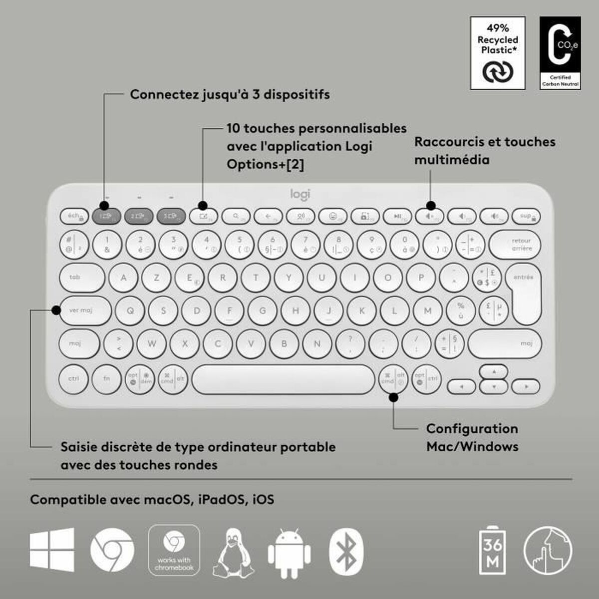 Teclado Bluetooth con Soporte para Tablet Logitech K380 Francés Blanco AZERTY