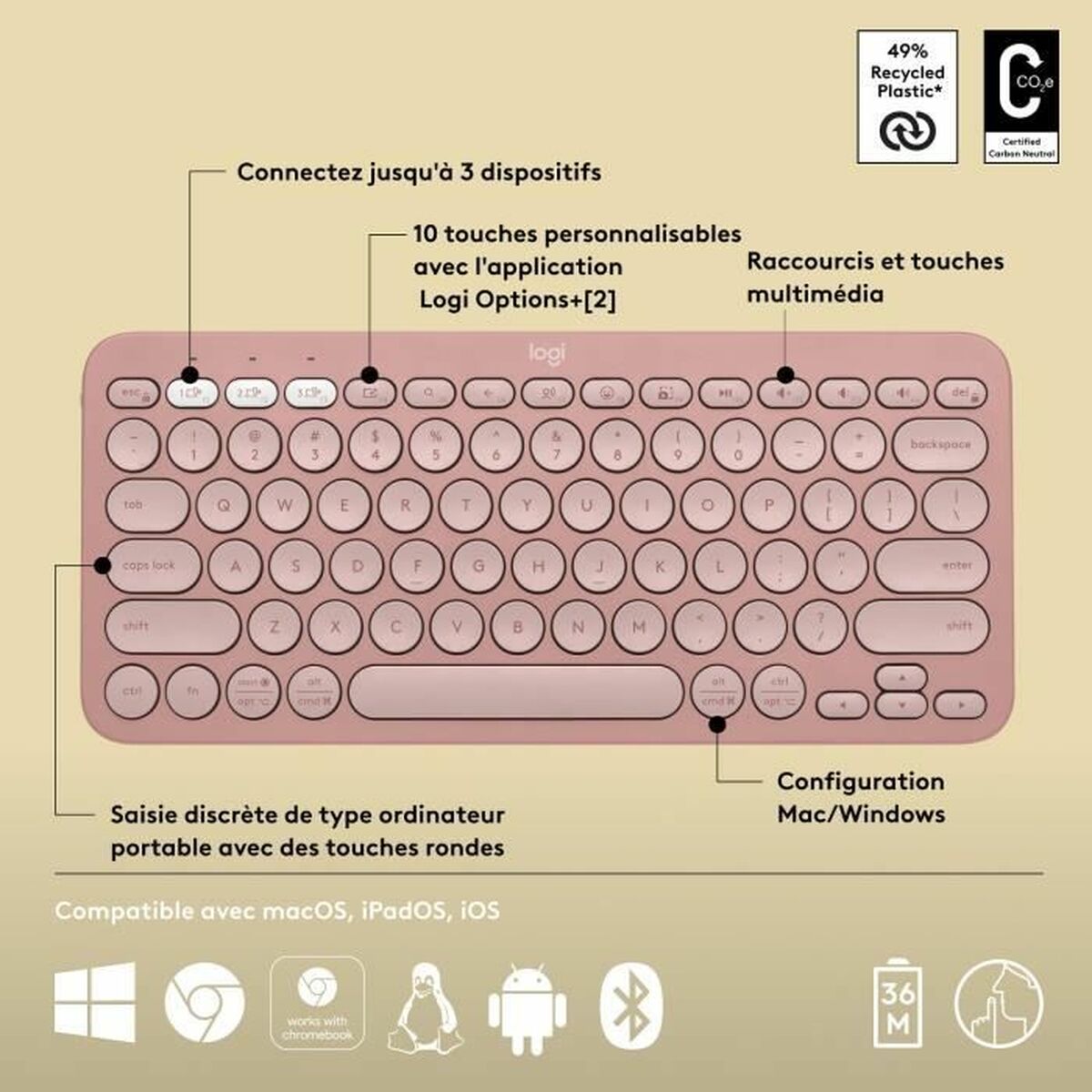 Teclado Bluetooth con Soporte para Tablet Logitech K380 Francés Rosa AZERTY