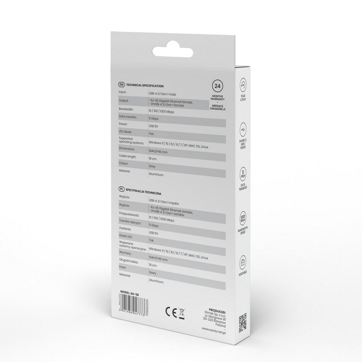 Hub USB 4 Puertos Savio AK-58 Ethernet (RJ-45) Gris