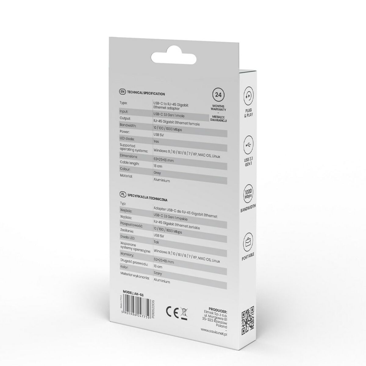 Adaptador USB-C a Ethernet Savio AK-56