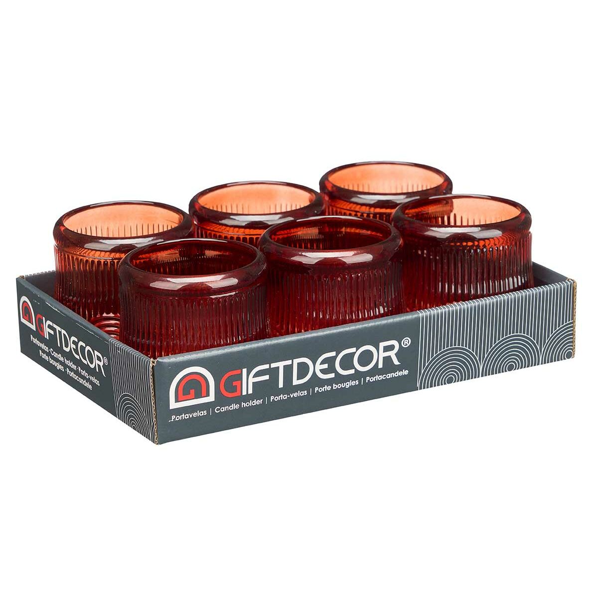 Portavelas Gift Decor Naranja Teja Cristal 9 x 9,5 x 9 cm Rayas (12 Unidades)